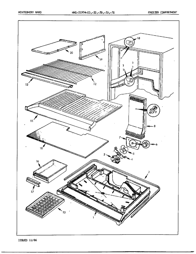 Freezer Compartment Diagram and Parts List for 21954A  Admiral Refrigerator