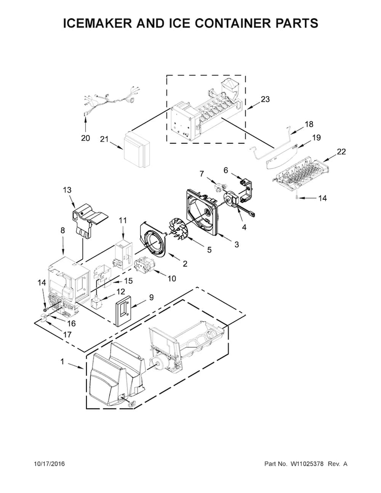 Icemaker And Ice Container Parts Diagram and Parts List for MFI2570FEZ02  Maytag Refrigerator