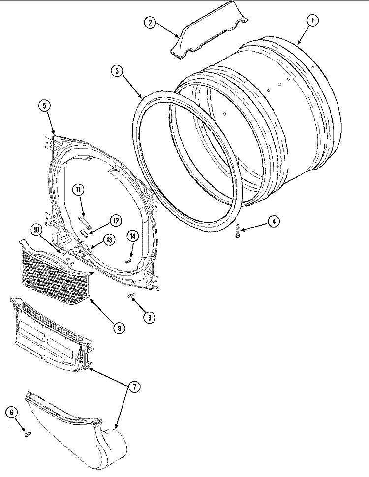 FRONT BULKHEAD, AIR DUCT & CYLINDER Diagram and Parts List for SDE2606AYW  Maytag Dryer