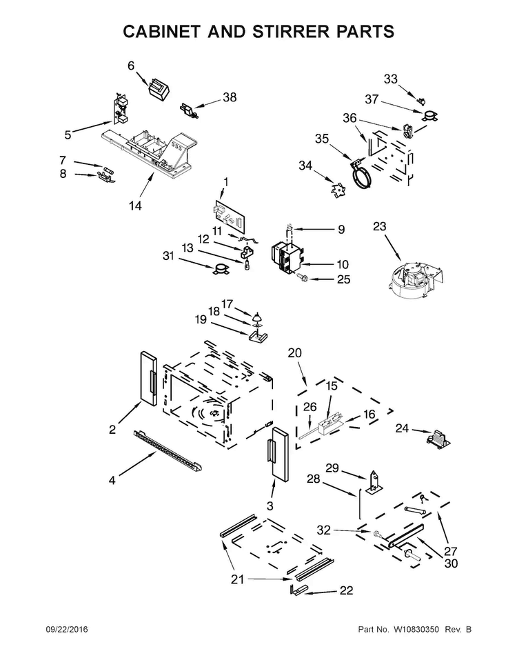 Cabinet And Stirrer Parts Diagram and Parts List for JMW3430DP01  Jenn-Air Microwave