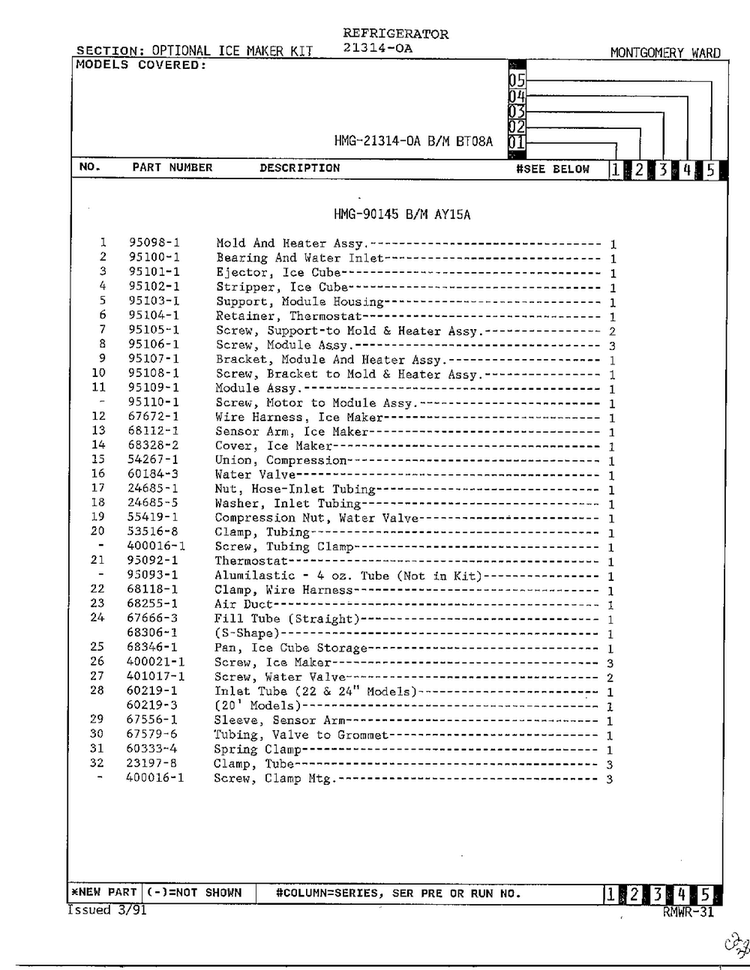Optional Ice Maker Kit Page 2 Diagram and Parts List for 21314-0A  Admiral Refrigerator