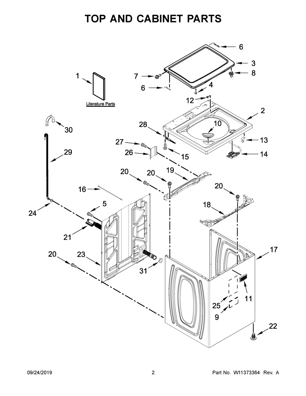 Top And Cabinet Parts Diagram and Parts List for MVWX655DW2  Maytag Washer
