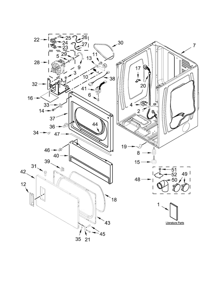 Lower Cabinet And Front Panel Parts Diagram and Parts List for MLE26PDBZW1  Maytag Dryer
