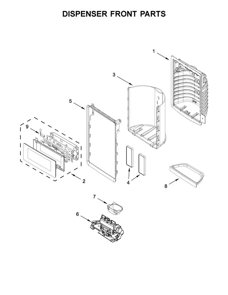 Dispenser Front Parts Diagram and Parts List for MFT2776FEZ00  Maytag Refrigerator