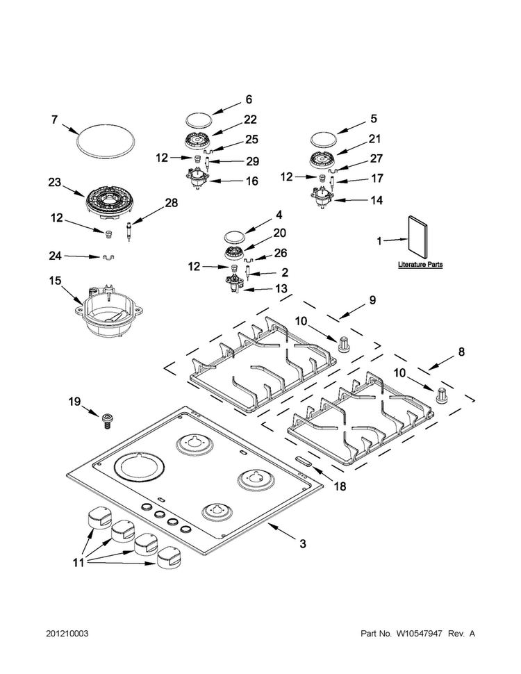 Cooktop, Burner And Grate Parts Diagram and Parts List for MGC7424AS0  Maytag Cooktop