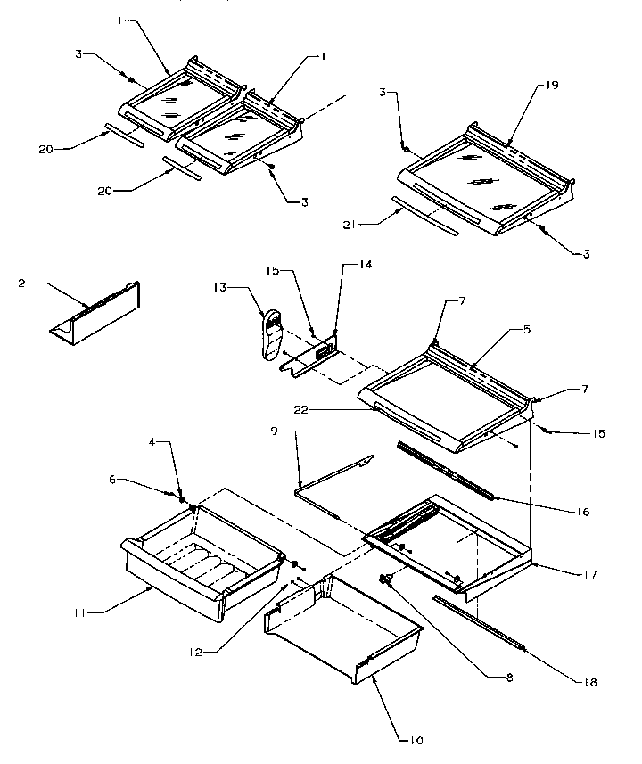 Shelving & Drawers Diagram and Parts List for SRD20S4W-P1190801WW  Amana Refrigerator