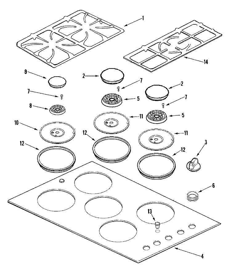 T0P ASSEMBLY Diagram and Parts List for MGC6536BDB  Maytag Cooktop