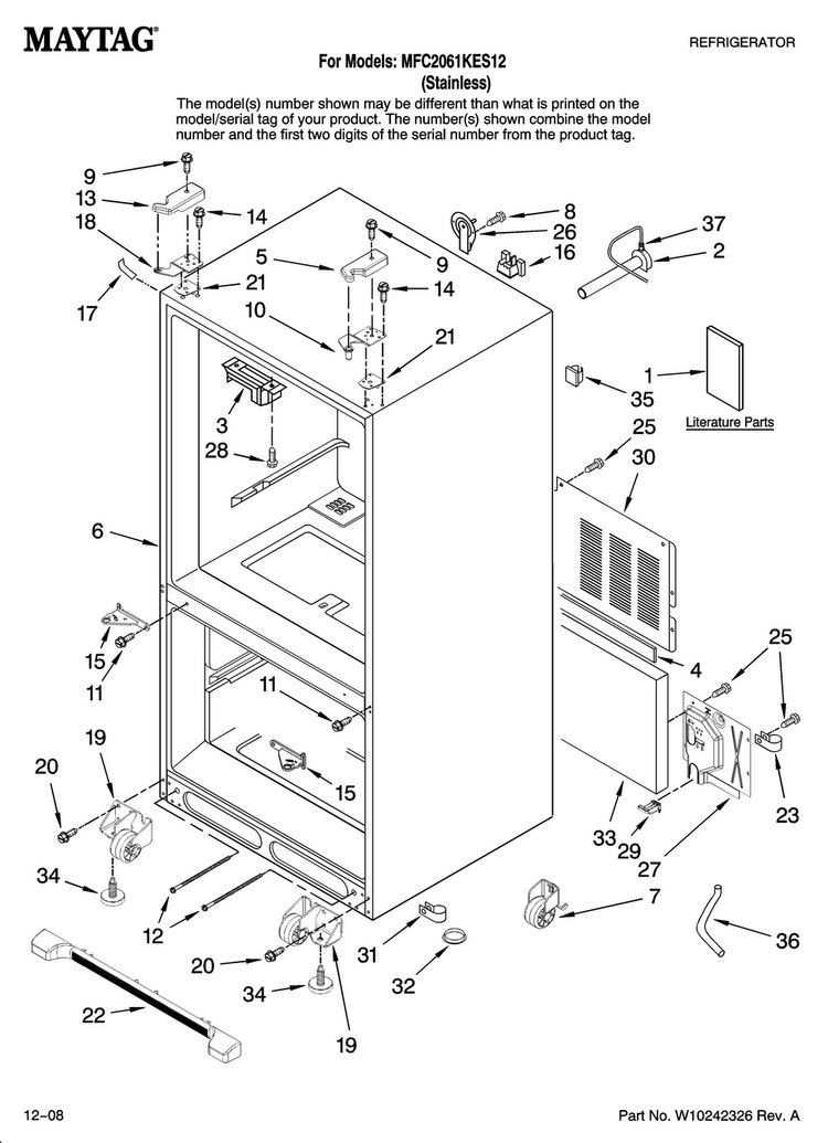 Cabinet Parts Diagram and Parts List for MFC2061KES12  Maytag Refrigerator