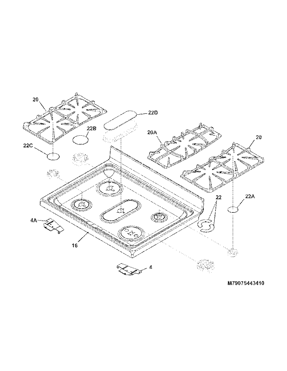 Main Top Diagram and Parts List for 79075422412  Kenmore Range