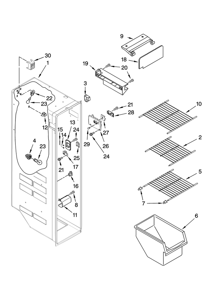 Freezer Liner Parts Diagram and Parts List for MSD2554VEA00  Maytag Refrigerator