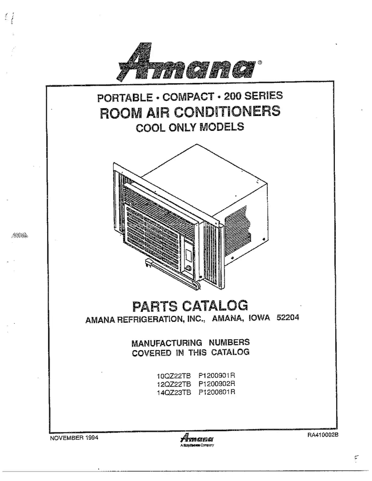 Room Air Conditioner/ Front Cover Diagram and Parts List for P1200801R  Amana Air Conditioner