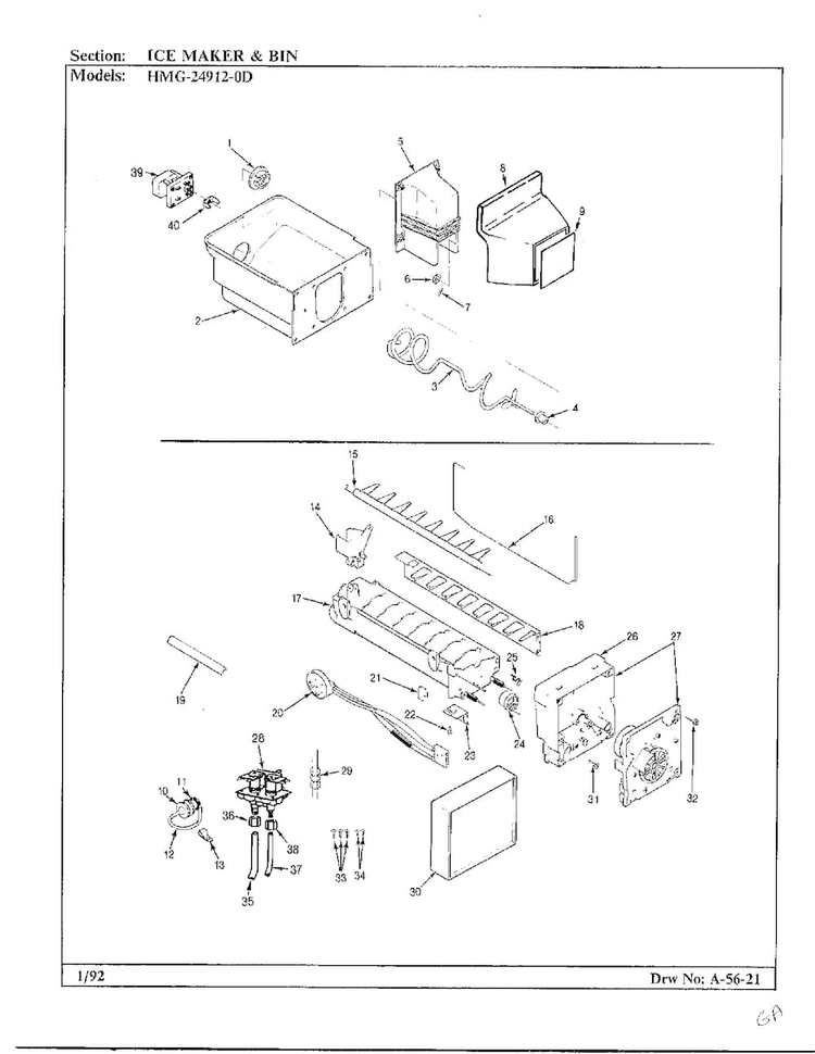 Ice Maker And Bin Diagram and Parts List for 24912-0A  Admiral Refrigerator