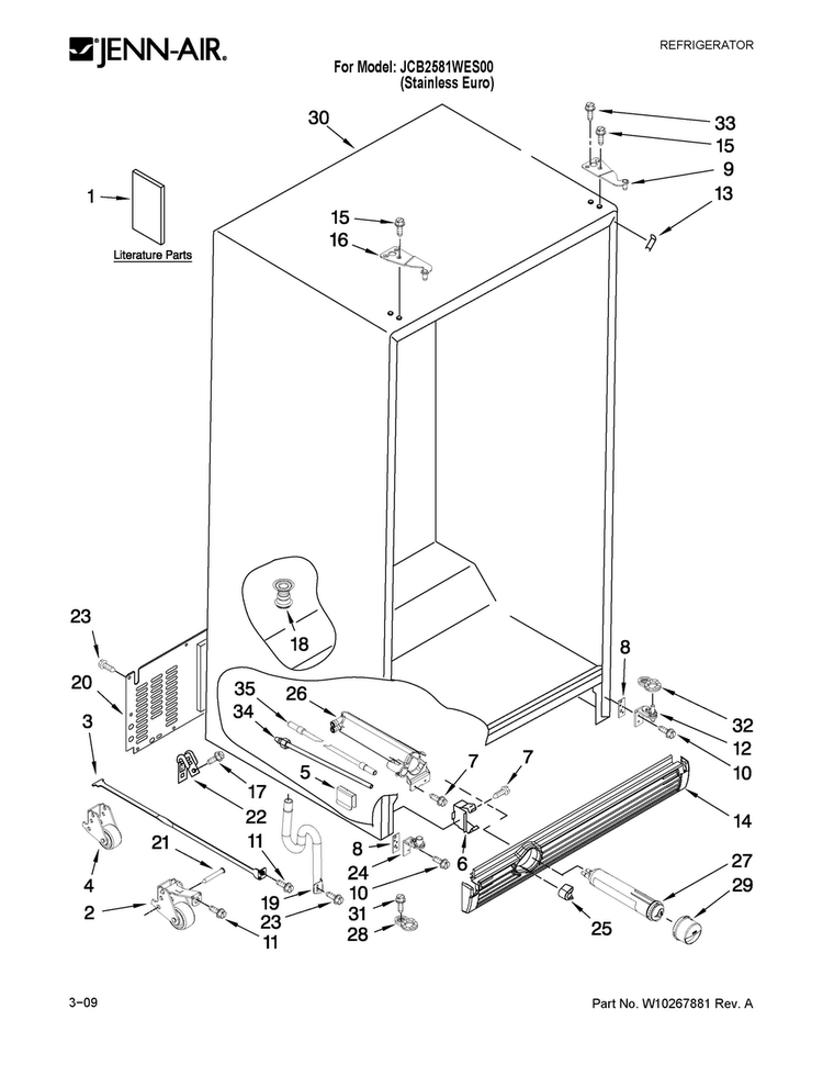 Cabinet Parts Diagram and Parts List for JCB2581WES00  Jenn-Air Refrigerator