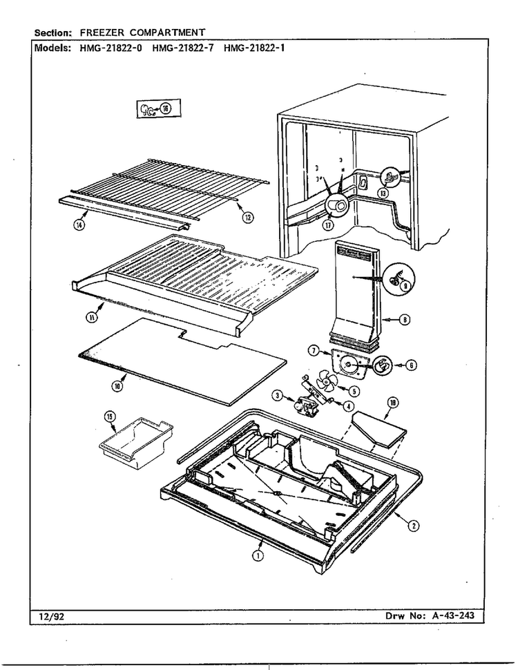 Freezer Compartment Diagram and Parts List for 21822-1  Admiral Refrigerator