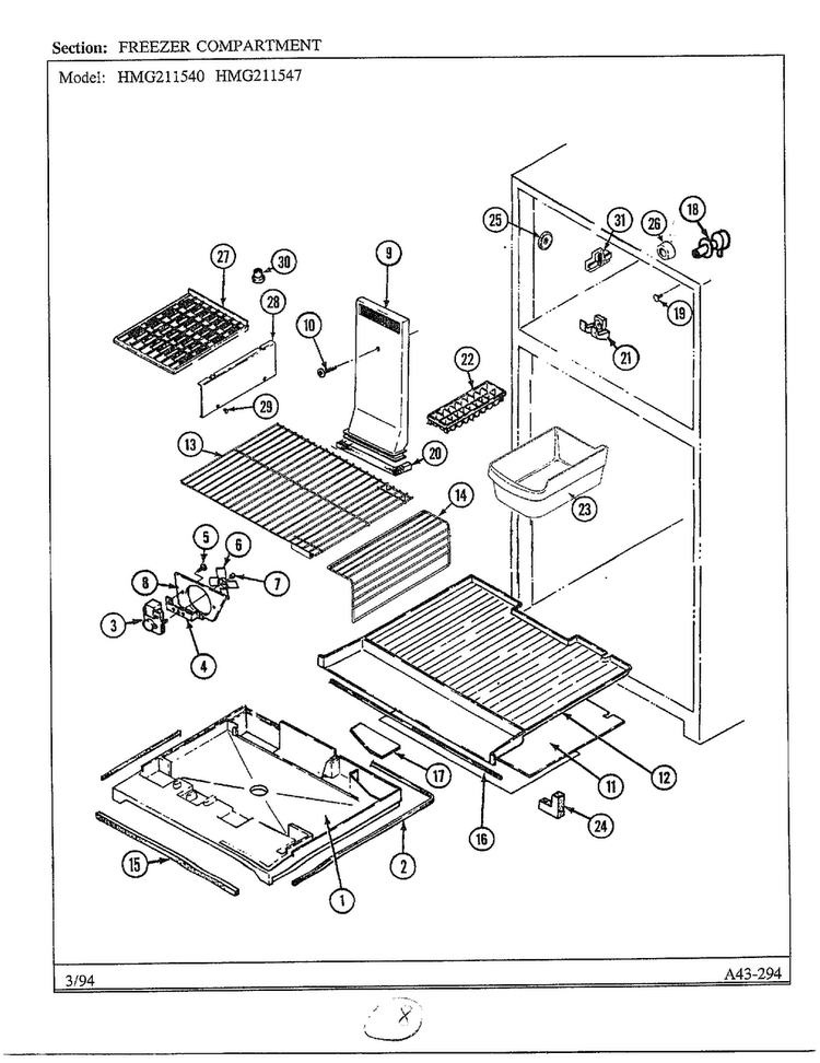 Freezer Compartment Diagram and Parts List for 211540  Admiral Refrigerator