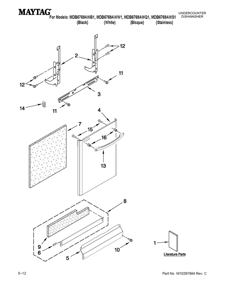 Door And Panel Parts Diagram and Parts List for MDB6769AWB1  Maytag Dishwasher