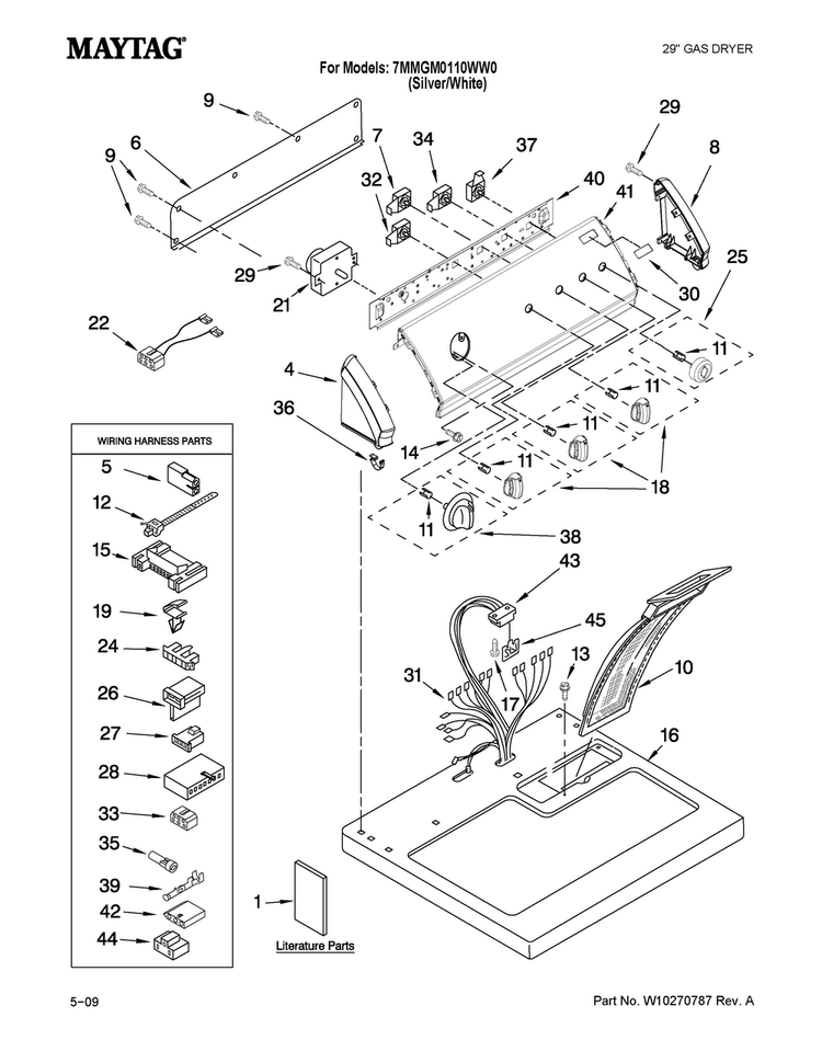 Top And Console Parts Diagram and Parts List for 7MMGM0110WW0  Maytag Dryer