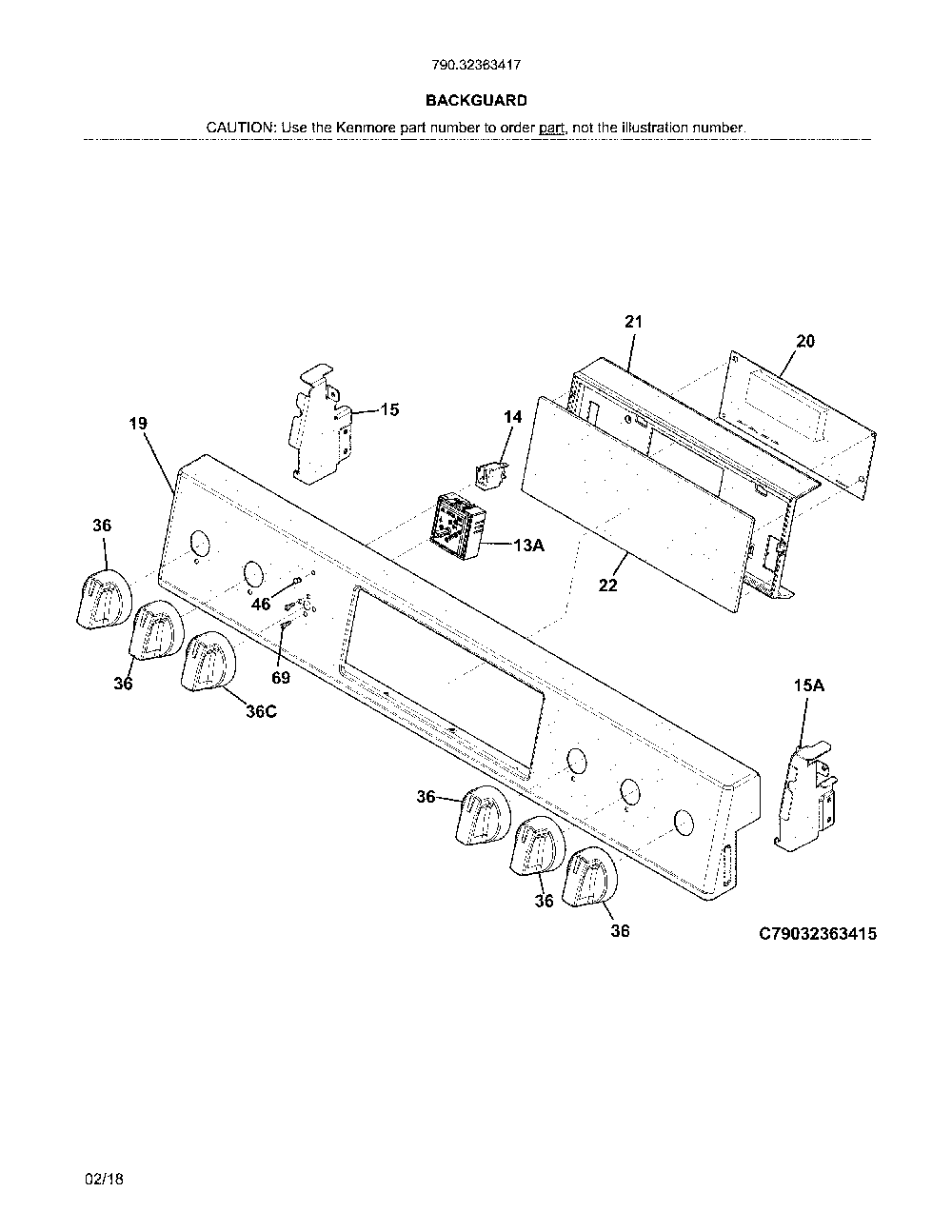 Backguard Diagram and Parts List for 79032363417  Kenmore Range