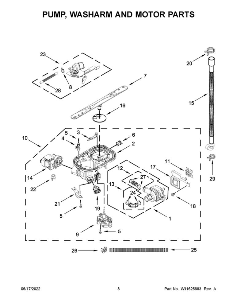 Pump, Washarm And Motor Parts Diagram and Parts List for JDPSG244LS2  Maytag Dishwasher