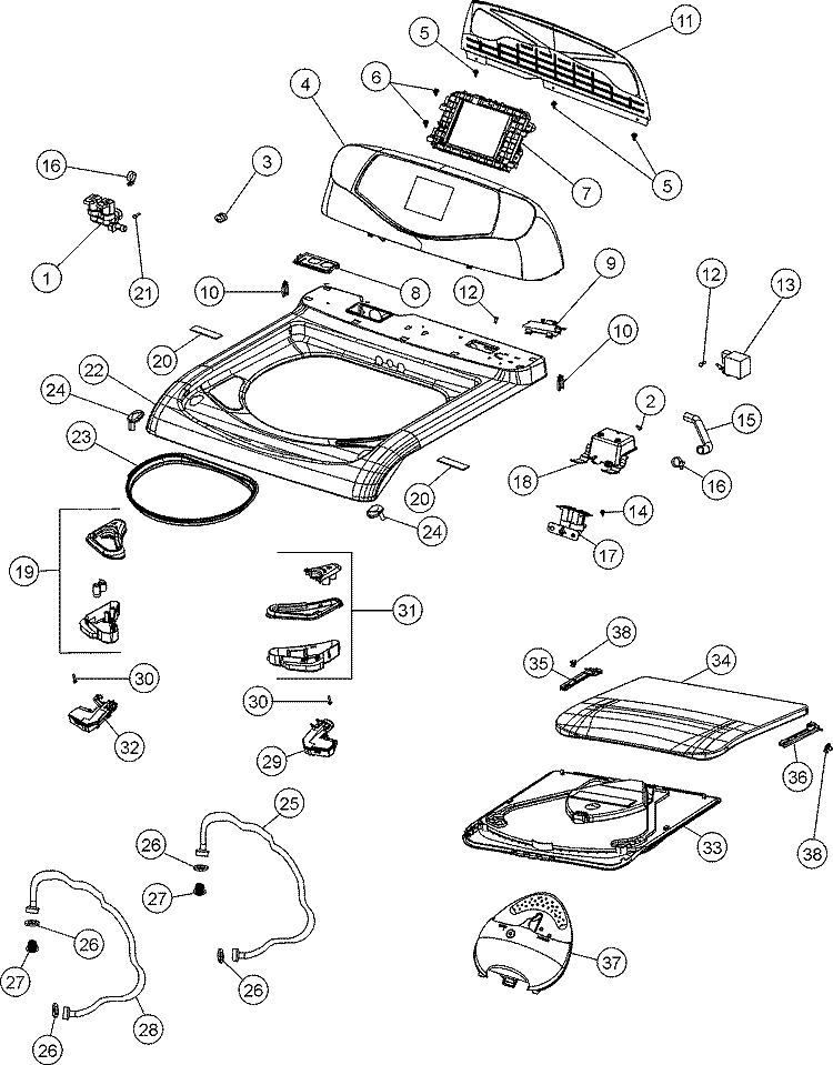 CONTROL PANEL, TOP & LID Diagram and Parts List for FAV9800AWW  Maytag Washer