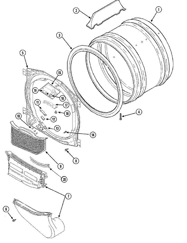 FRONT BULKHEAD, AIR DUCT & CYLINDER Diagram and Parts List for SDE4606AYW  Maytag Dryer