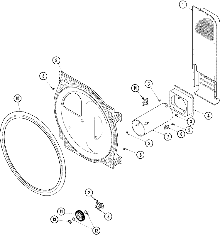 REAR BULKHEAD, ROLLER & AIR DUCT (GAS) Diagram and Parts List for CDG9500W  Crosley Dryer