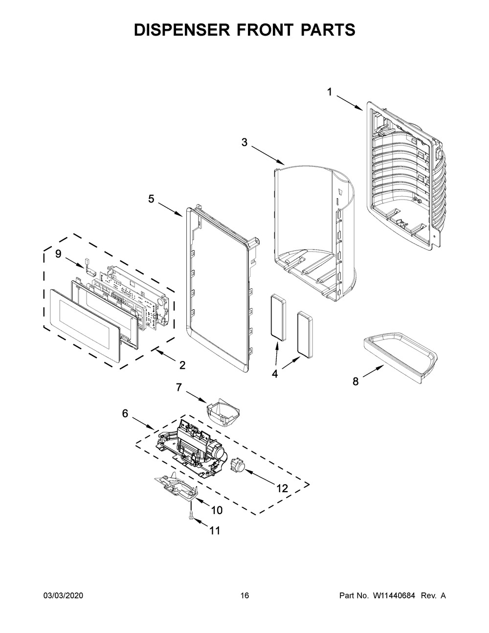 Dispenser Front Parts Diagram and Parts List for MFT2772HEZ01  Maytag Refrigerator