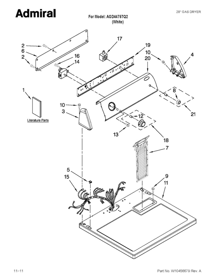 Top And Console Parts Diagram and Parts List for AGD4475TQ2  Admiral Dryer