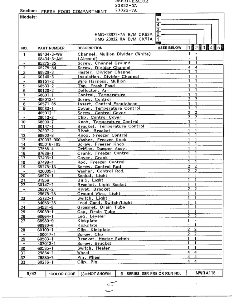 Fresh Food Compartment Page 2 Diagram and Parts List for 23822-7A  Admiral Refrigerator