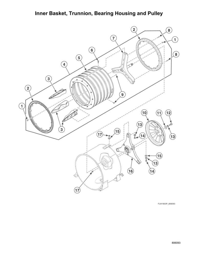Inner Basket/Trunnion/Bearing Housing/Pulley Diagram and Parts List for ATGE9ASP115TW01  Speed Queen Washer Dryer Combo