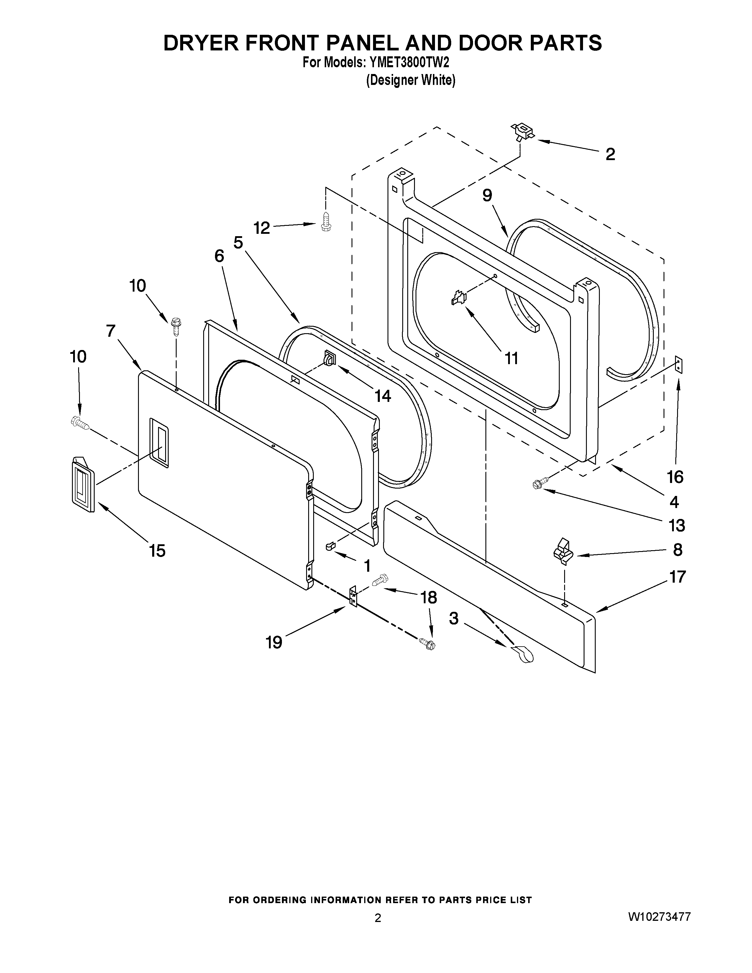 02 - DRYER FRONT PANEL AND DOOR PARTS Diagram and Parts List for YMET3800TW2  Maytag Washer Dryer Combo