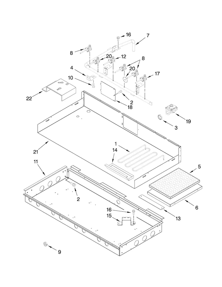 Burner Box, Gas Valves, And Switches Diagram and Parts List for JGCP548WP00  Jenn-Air Cooktop