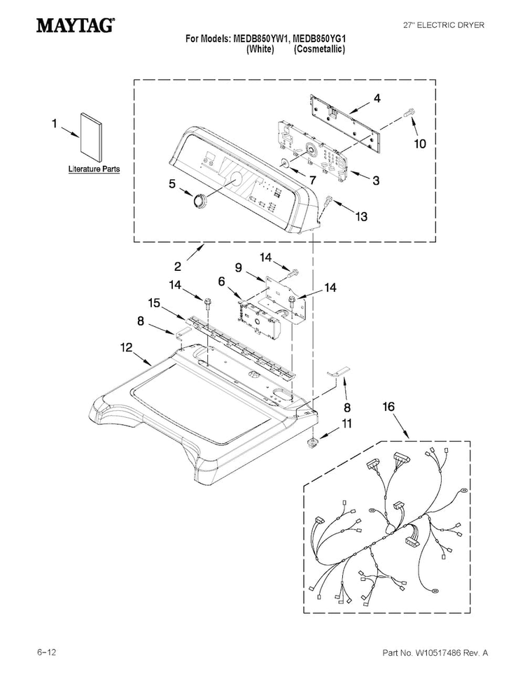 Top And Console Parts Diagram and Parts List for MEDB850YG1  Maytag Dryer
