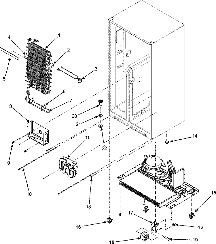EVAPORATOR ASSY. / ROLLERS / WATER TANK Diagram and Parts List for MZD2665HEB  Maytag Refrigerator
