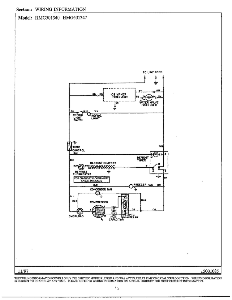 Wiring Information Diagram and Parts List for 501340  Admiral Refrigerator