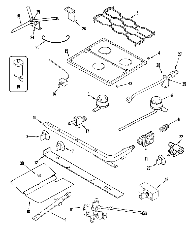 TOP & GAS CONTROLS Diagram and Parts List for CLY1628BDB  Magic Chef Range