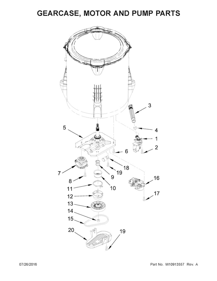 Gearcase, Motor And Pump Parts Diagram and Parts List for NTW4605EW1  Amana Washer