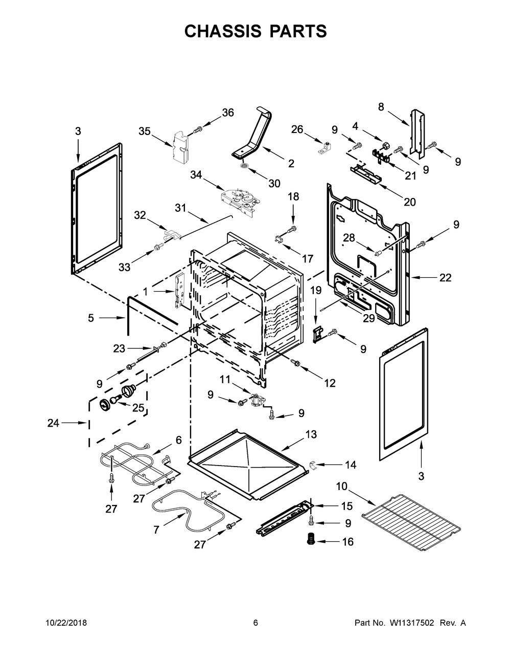Chassis Parts Diagram and Parts List for AER6603SFW2  Maytag Range