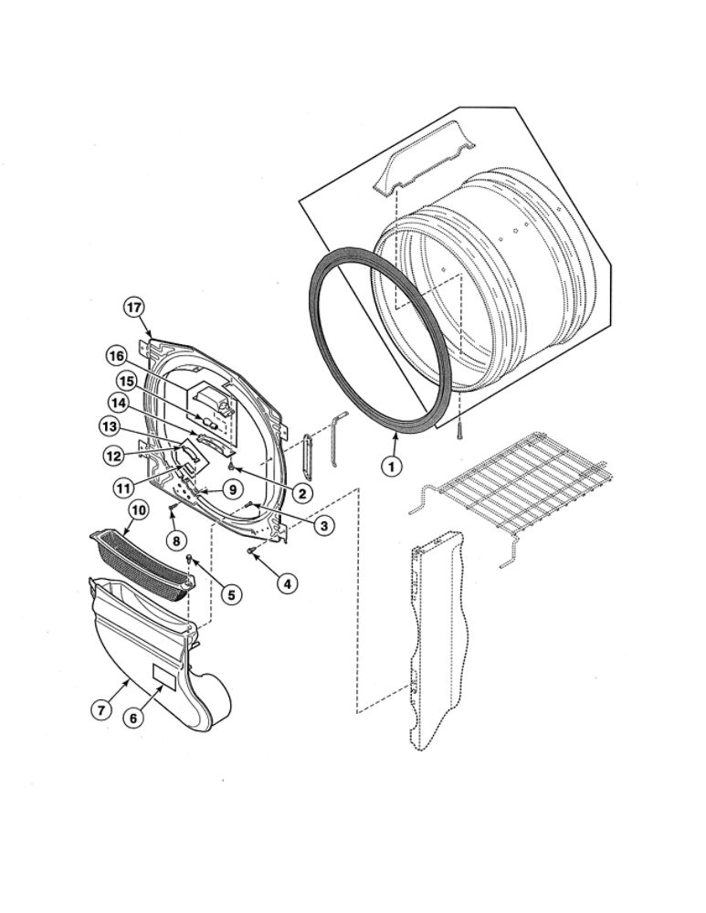 Front Bulkhead/Air Duct/Felt Seal Diagram and Parts List for ADE3SRGS173TW01  Speed Queen Dryer