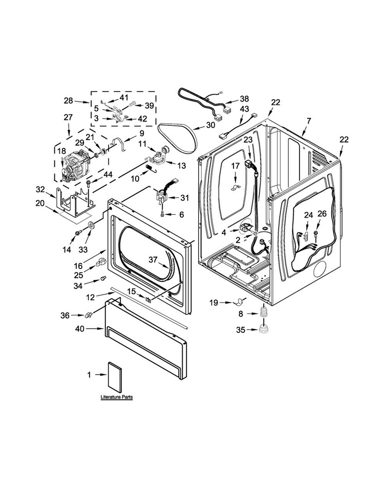 Lower Cabinet And Front Panel Parts Diagram and Parts List for MLE27PDBYW0  Maytag Dryer