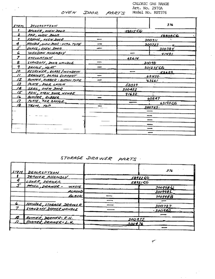 Oven Door  Parts/storage Drawer Parts Page 2 Diagram and Parts List for 2970A  Amana Range