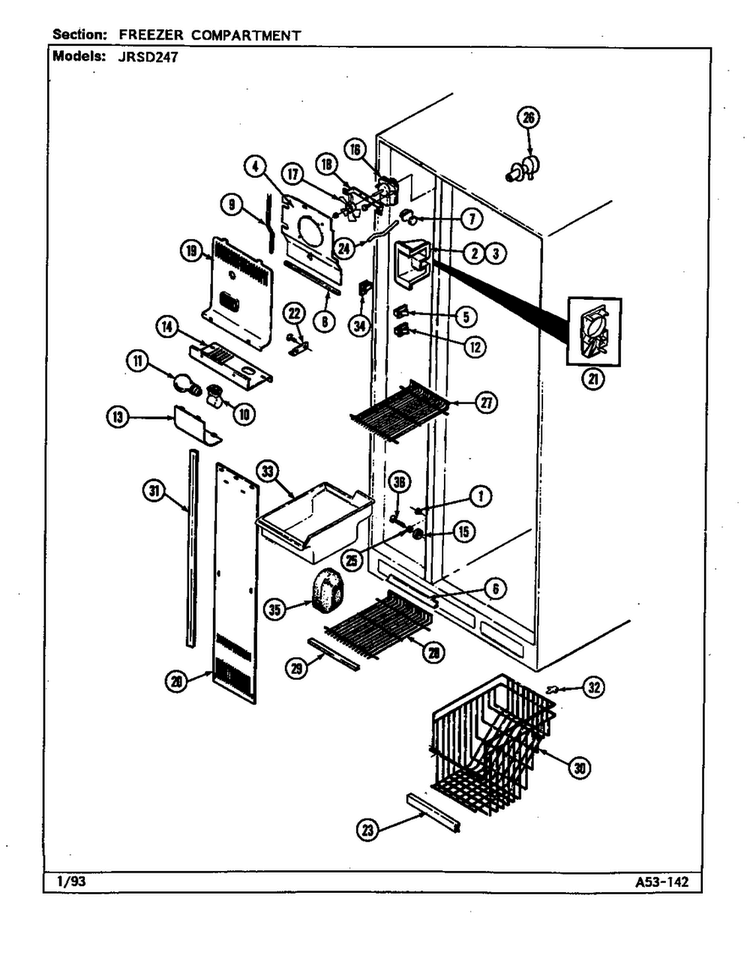 Freezer Compartment Diagram and Parts List for JRSD247-DQ85A  Amana Refrigerator