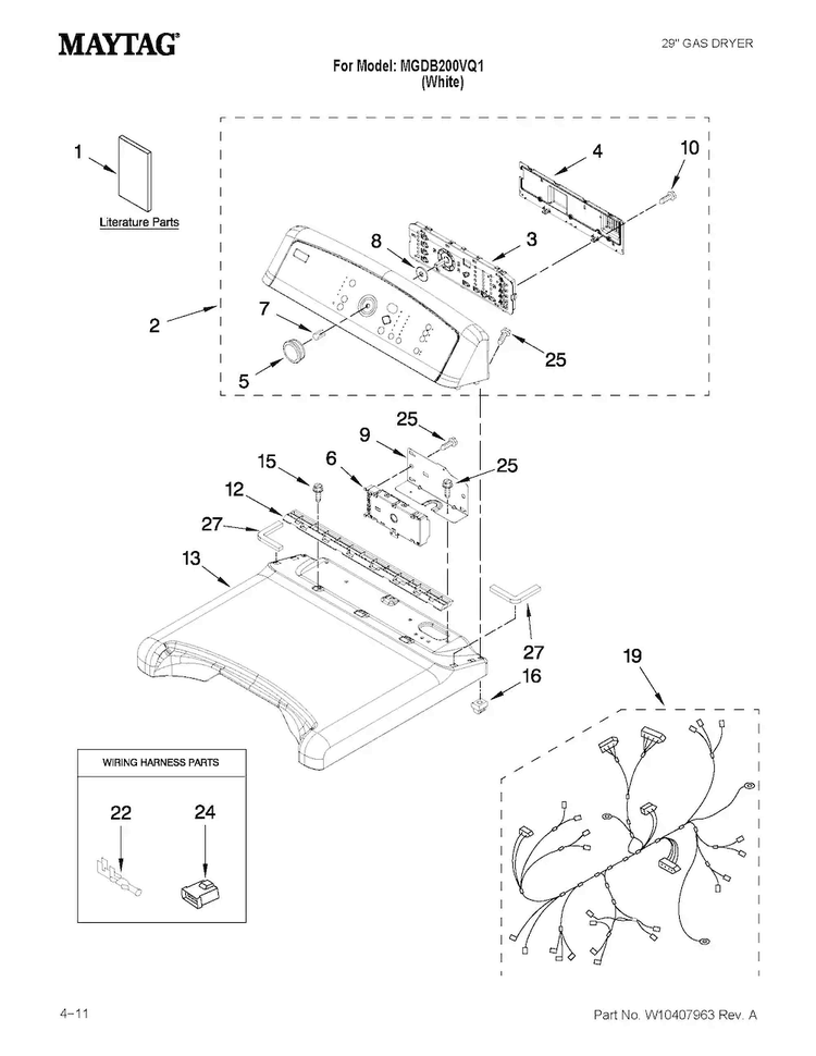 Top And Console Parts Diagram and Parts List for MGDB200VQ1  Maytag Dryer
