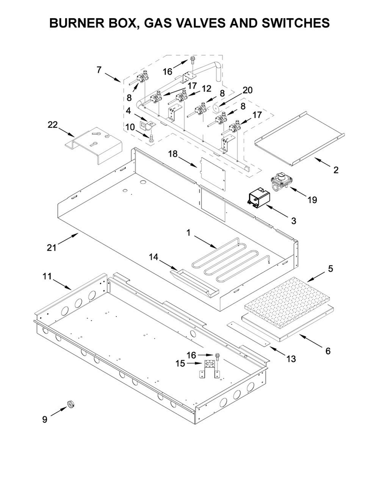 Burner Box, Gas Valves And Switches Diagram and Parts List for JGCP548WP02  Jenn-Air Cooktop