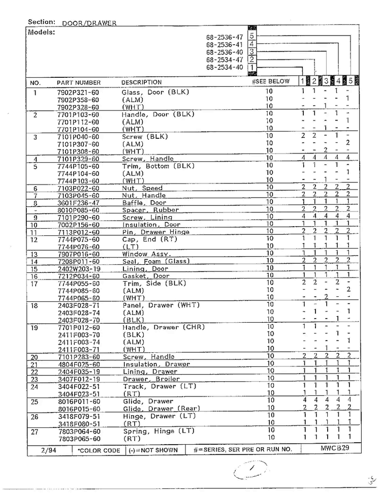 Door/drawer Page 2 Diagram and Parts List for 68-2534-40  Magic Chef Range
