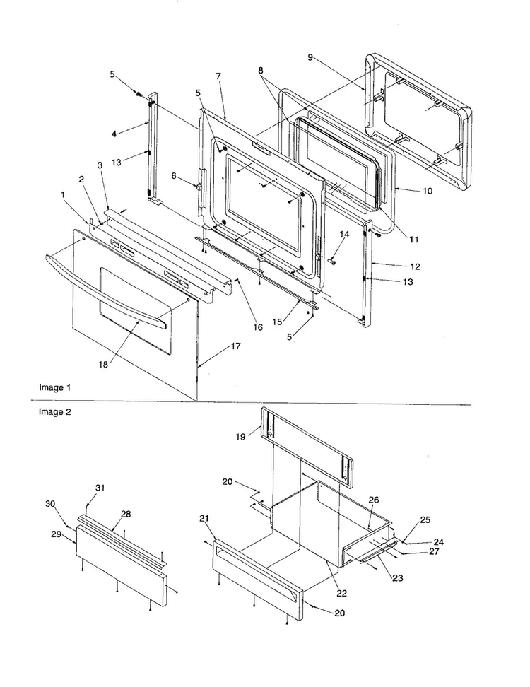 Oven Door And Storage Drawer Diagram and Parts List for ARTC8621E-P1143818NE  Amana Range