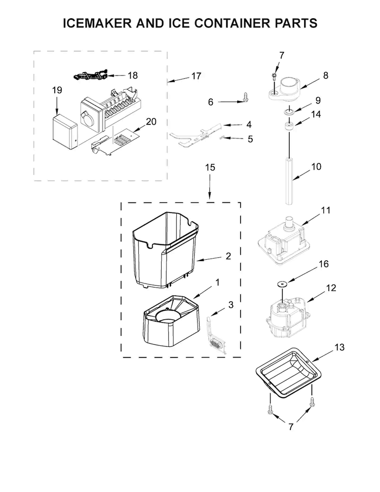 Icemaker And Ice Container Parts Diagram and Parts List for JS42PPDUDE01  Jenn-Air Refrigerator