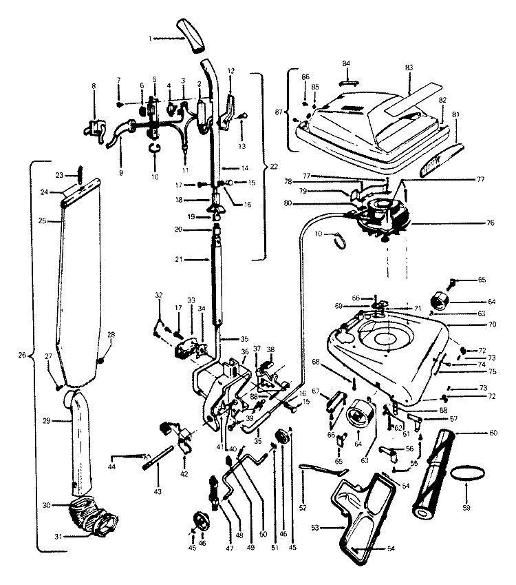 HANDLE, MAINBODY, OUTERBAG, HOOD Diagram and Parts List for C1099---  Hoover Upright Vacuum
