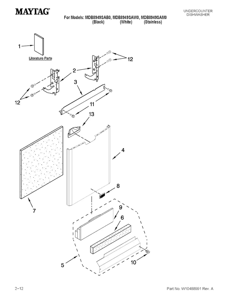 Door And Panel Parts Diagram and Parts List for MDB8949SAM0  Maytag Dishwasher