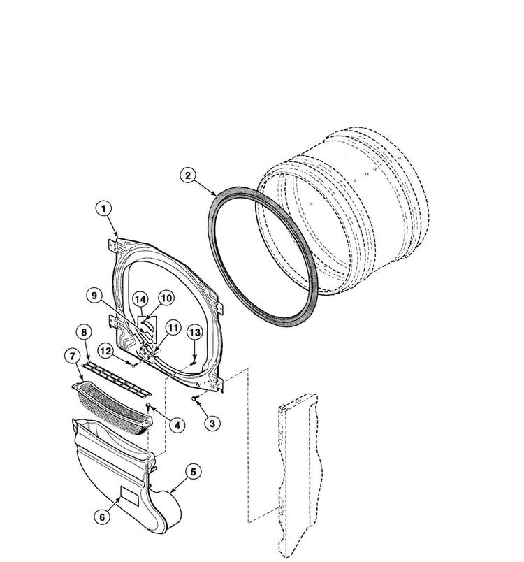 Front Bulkhead Diagram and Parts List for FEU17AWF1702  Speed Queen Dryer